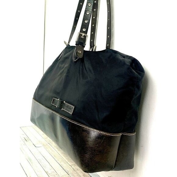 FRANK DANIEL ITALY BLCK NYLON GENUINE LEATHER TOTE CARRY-ON SHOULDER BAG HANDBAG - Picture 2 of 12